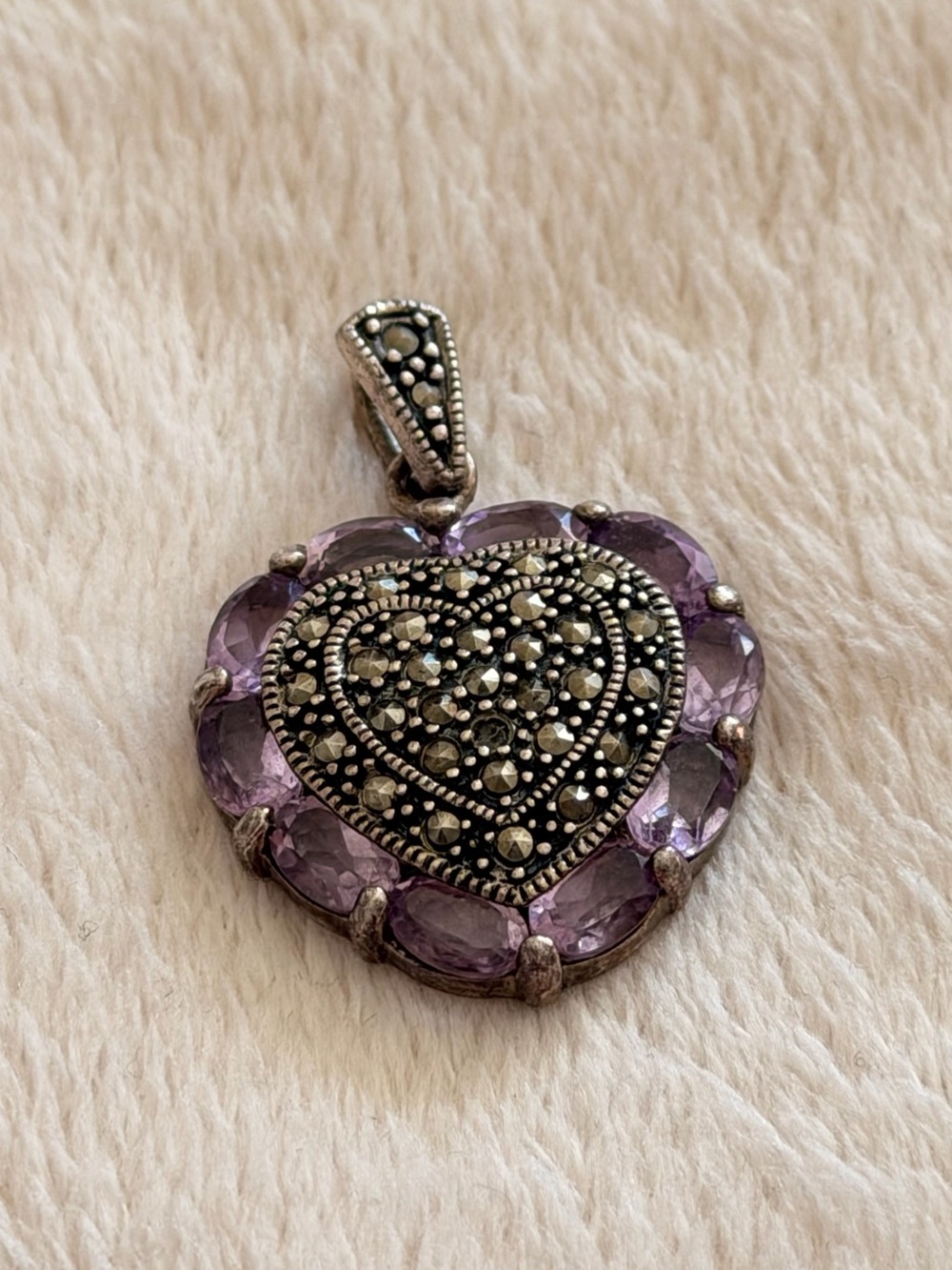 925 Sterling Silver Genuine Amethyst Heart Vintage Style Pendant